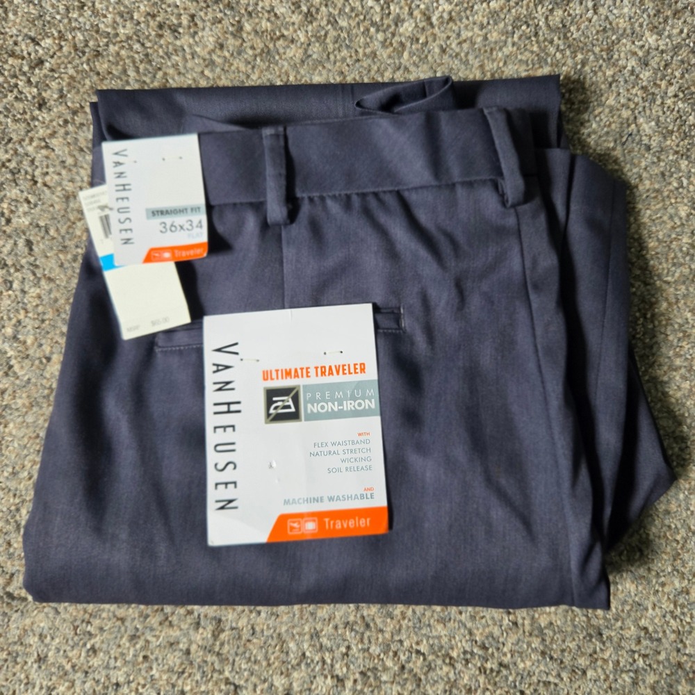 Van Heusen‎ Ultimate Traveler Mens 36x34 Straight Fit Dress Pants Non-Iron Blue